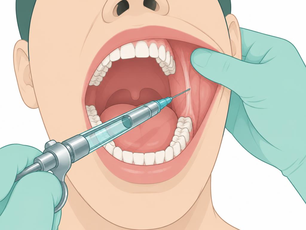 IANB approach: needle enters lateral to the pterygomandibular raphe with the syringe over the opposite premolars. Illustration only — check against your training.